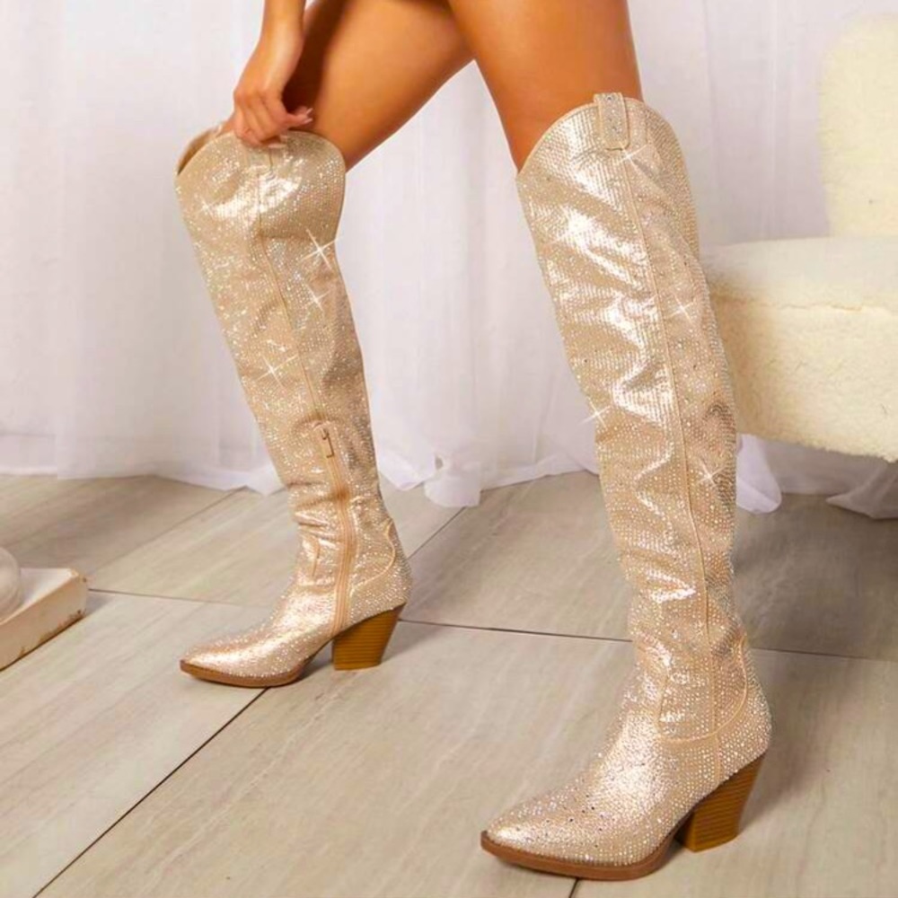 Never worn toe thigh high cowboy boots with gems